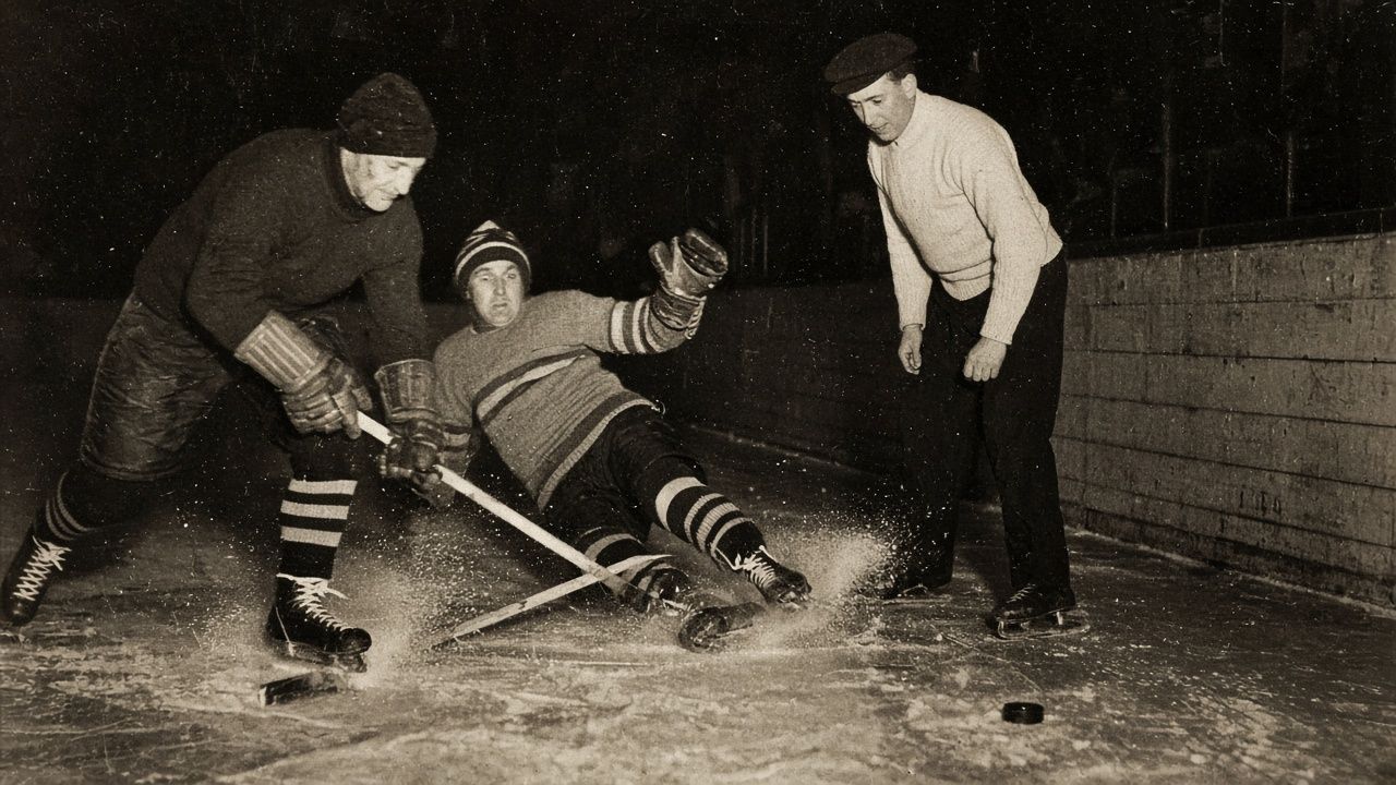 Vintage photograph of a scramble along the boards with the referee watching