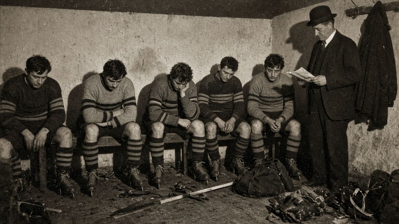 Vintage photograph of dejected players in a locker room while a coach in a bowler reads the scoresheet