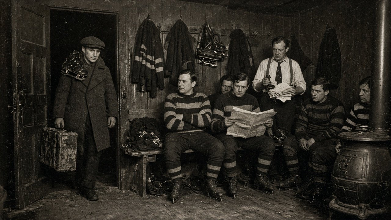 1920s flash photograph of a player returning to a locker room with a suitcase while teammates stare