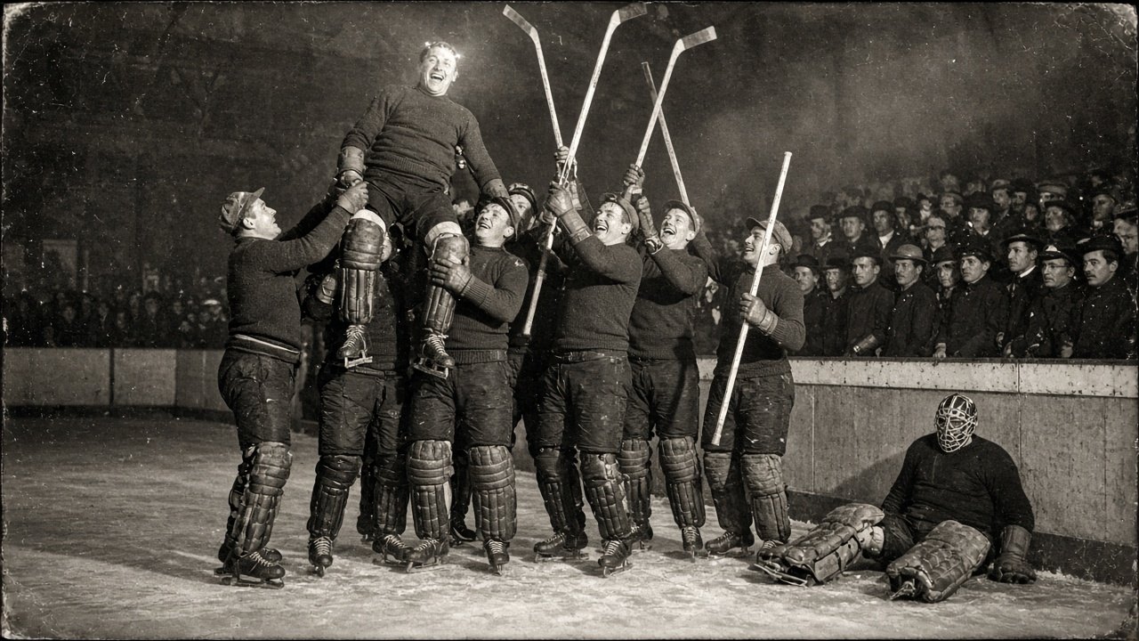 1920s flash photograph of hockey players carrying a teammate on their shoulders while a beaten goalie slumps by the boards