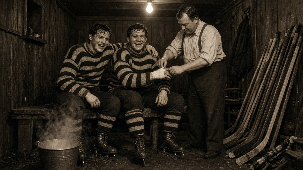 1920s flash photograph of two grinning, sweaty players in striped wool sweaters on a locker-room bench while a stout trainer in suspenders tapes one player's hand beside a steaming bucket and a stack of sticks