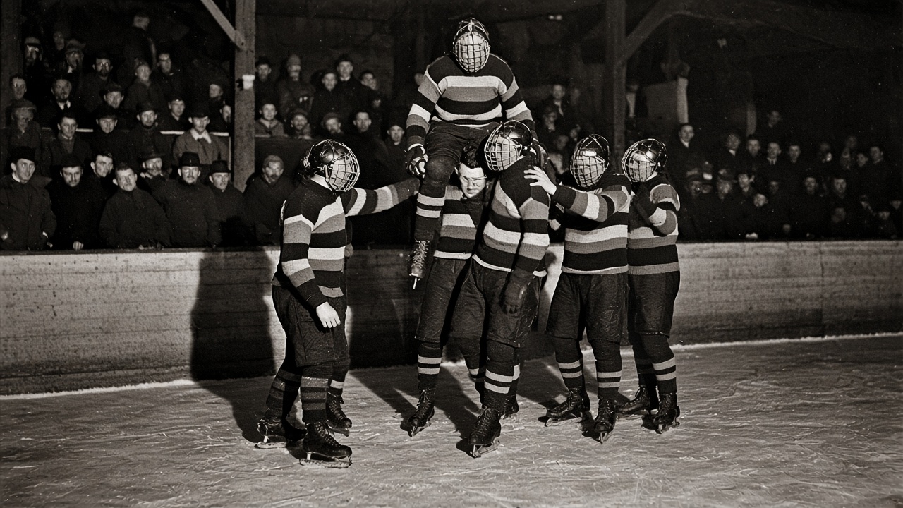 1920s flash photograph of hockey players hoisting a teammate on their shoulders in celebration after a big win