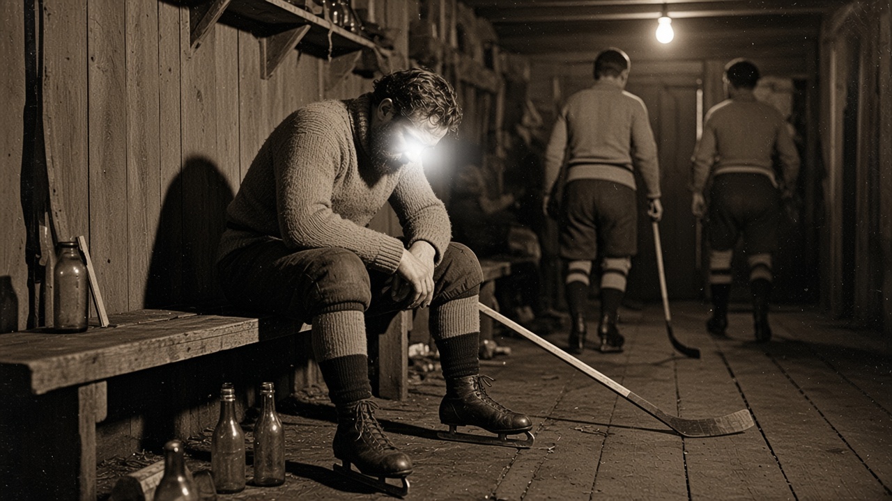 1920s flash photograph of a gloomy locker room after another loss
