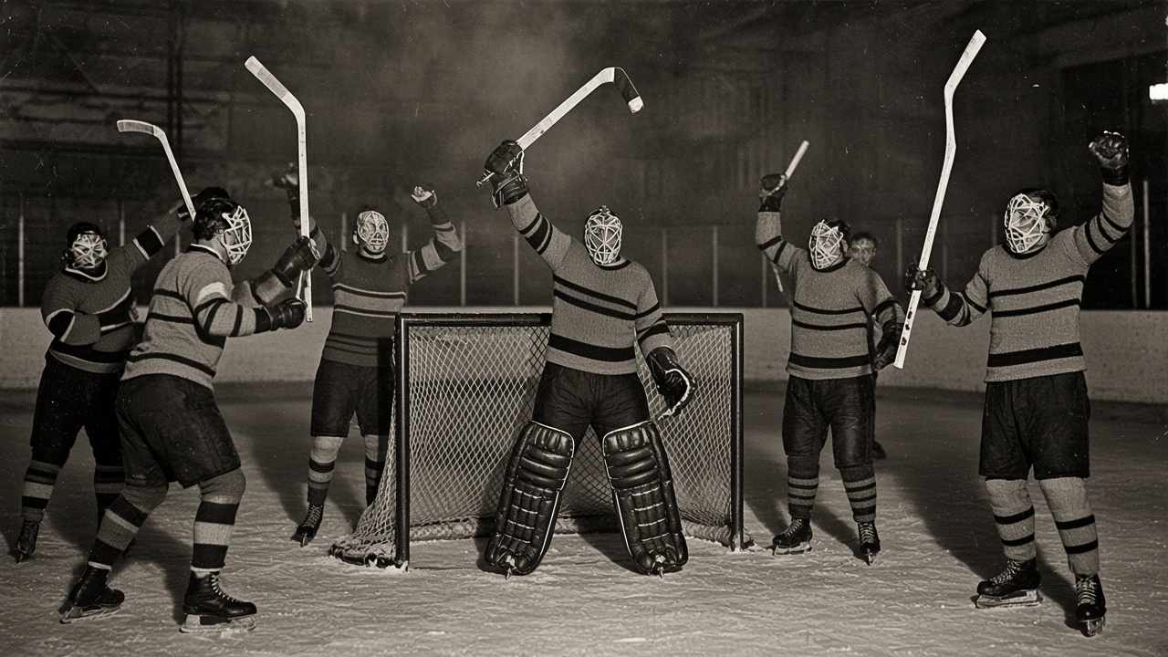 1920s flash photograph of a goalie celebration as teammates swarm after an undefeated week