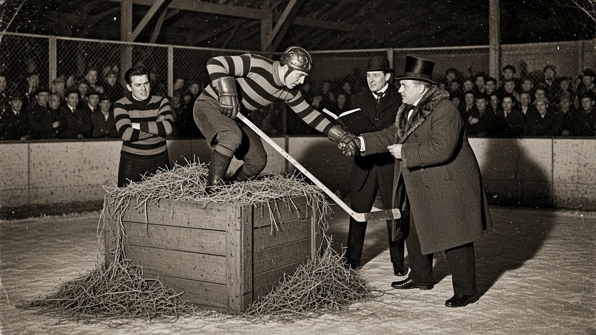 1920s flash photograph of a hockey player in a striped sweater and leather helmet climbing out of a straw-filled wooden crate on the ice while a fur-coated owner in a top hat shakes his hand, a clerk holds a ledger, and a rival player stands with arms folded