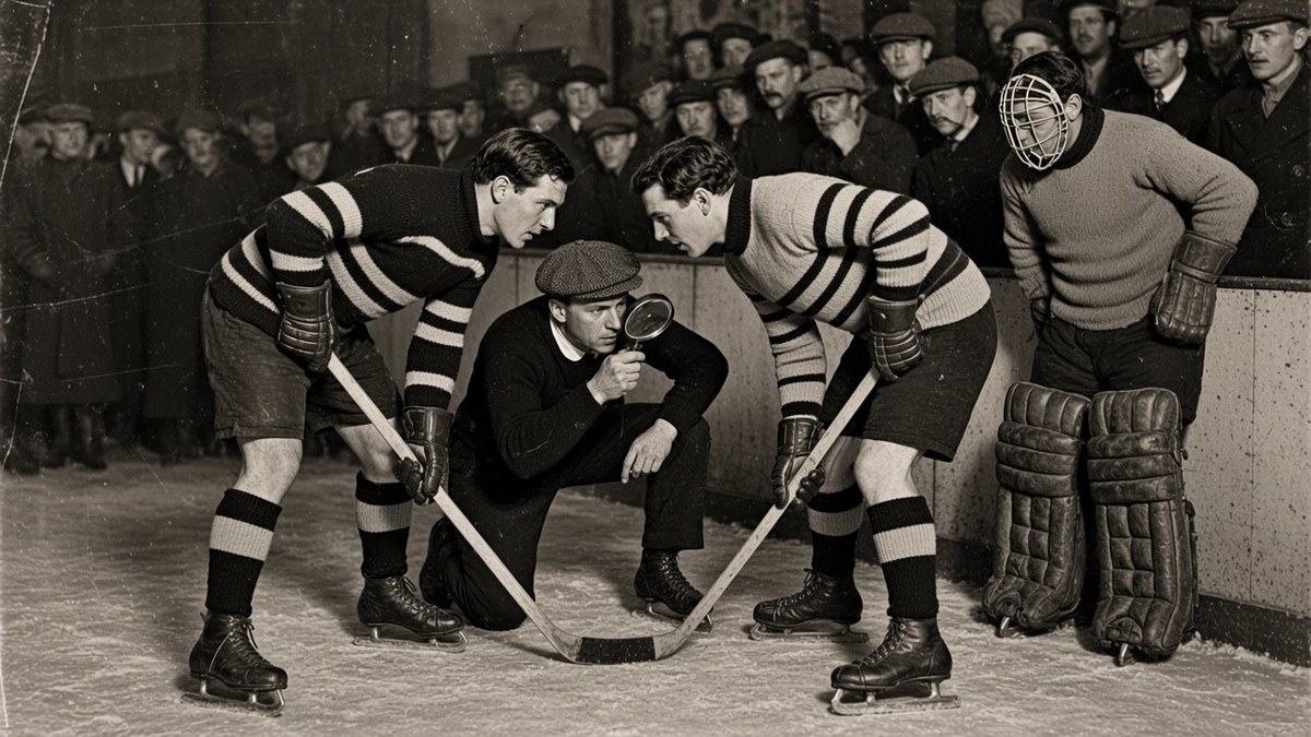 1920s flash photograph of two hockey players in contrasting striped sweaters nose to nose at center ice while a kneeling referee peers through a magnifying glass at the gap between them, and a masked goaltender in leather pads watches from the boards