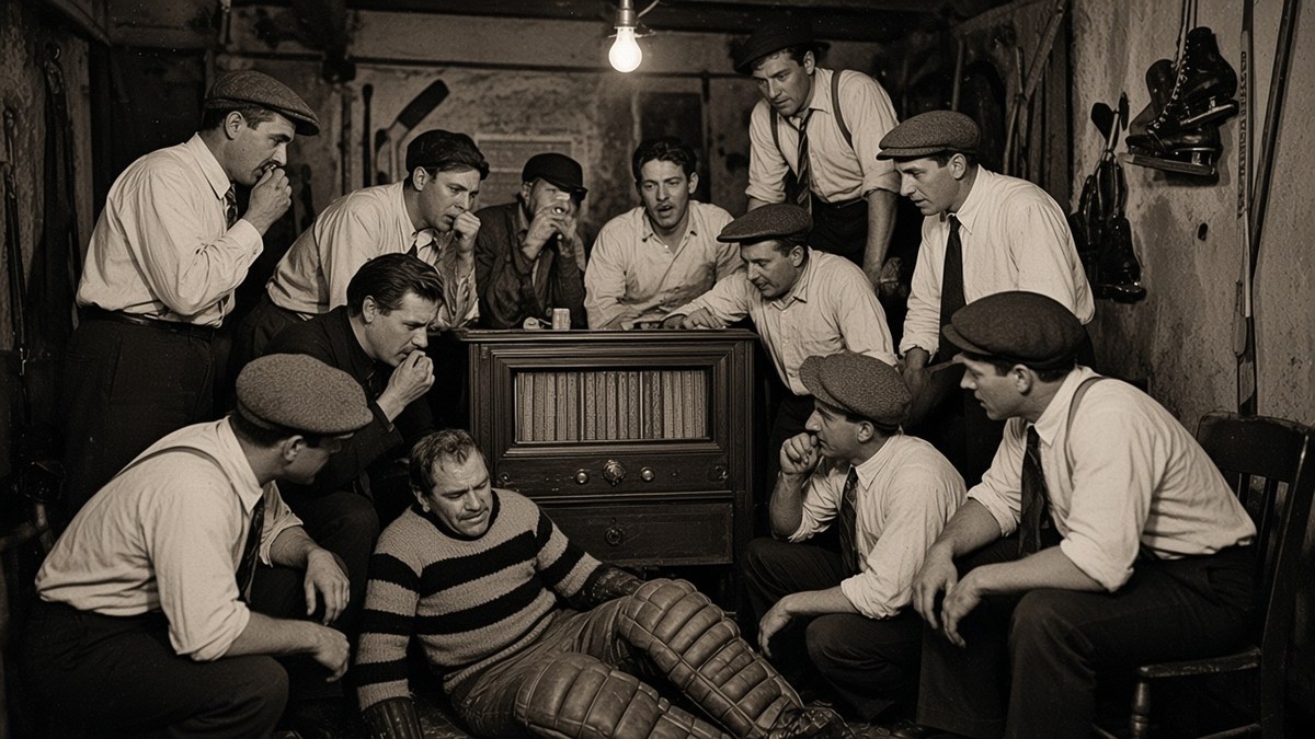 1920s flash photograph of a crowd of men in flat caps and suspenders huddled around a wooden cabinet radio in a smoky clubroom, a player in a striped sweater and leather pads sitting on the floor