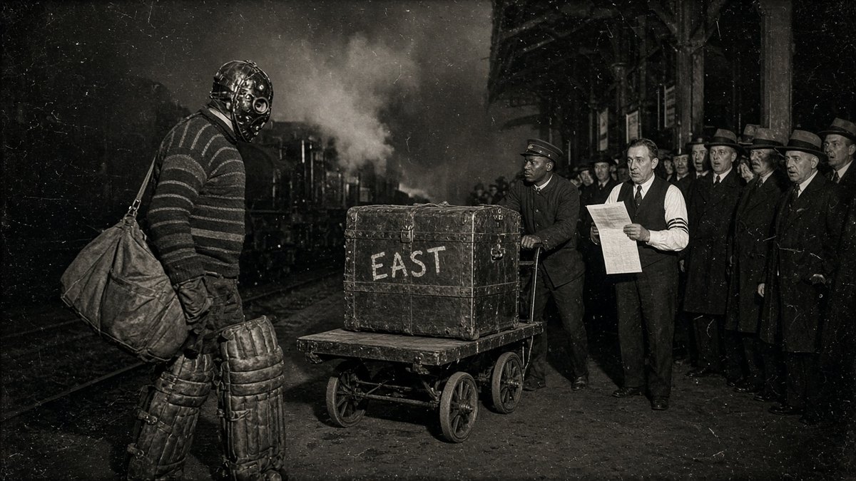1920s flash photograph of a masked goaltender in leather pads and a striped sweater on a night railway platform, a porter wheeling a steamer trunk marked EAST while a clerk reads from a ledger and a crowd of men in fedoras watches