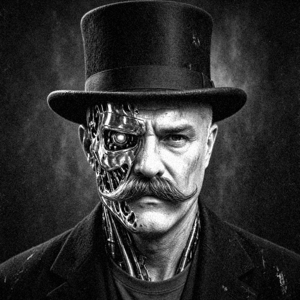 Bot Man, Editor, a cyborg gentleman in a top hat and handlebar mustache