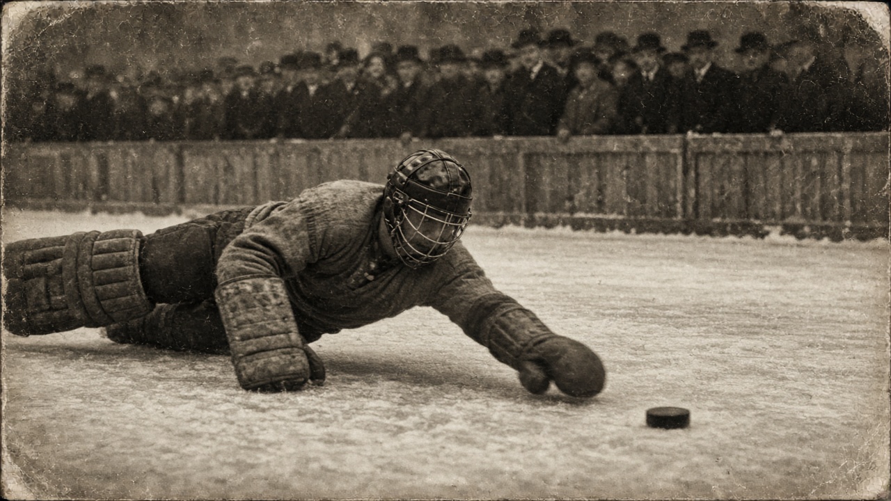 Vintage photograph of a goalie diving at a puck on a snowy outdoor rink