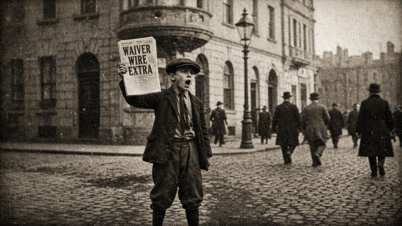 Vintage photograph of a newsboy holding up a paper