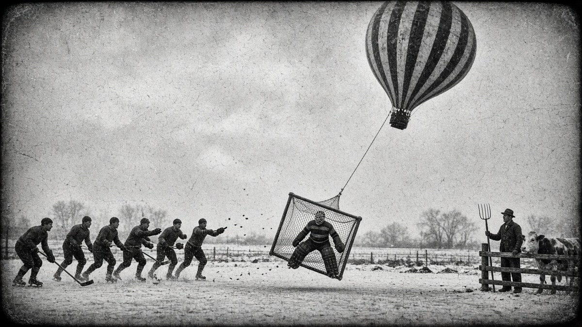 A striped hot-air balloon dragging a hockey net with a goaltender inside over snowy farmland as skaters chase and a farmer with a pitchfork watches beside a cow