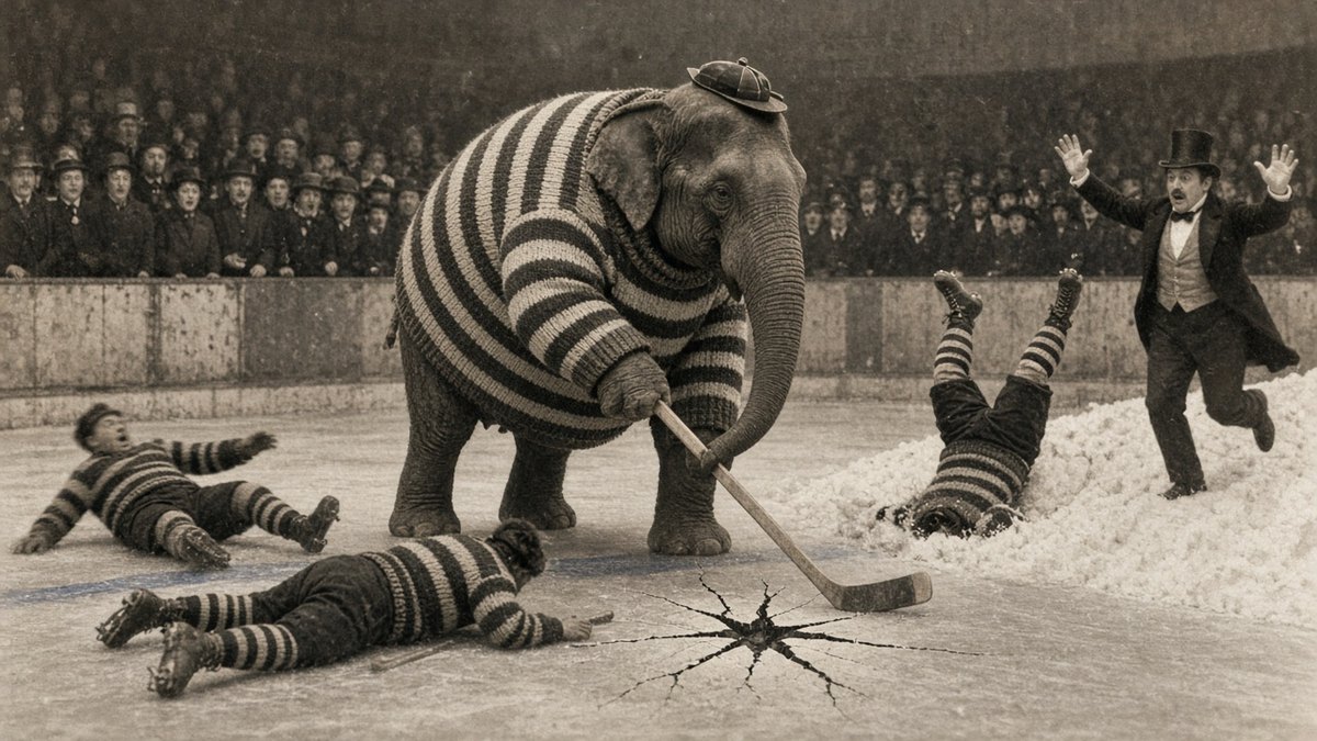 An elephant in a striped hockey sweater on the blue line with players sprawled around it