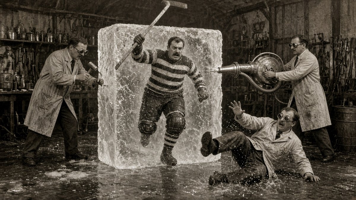 Scientists chipping a frozen hockey player out of a block of ice while one slips on the floor