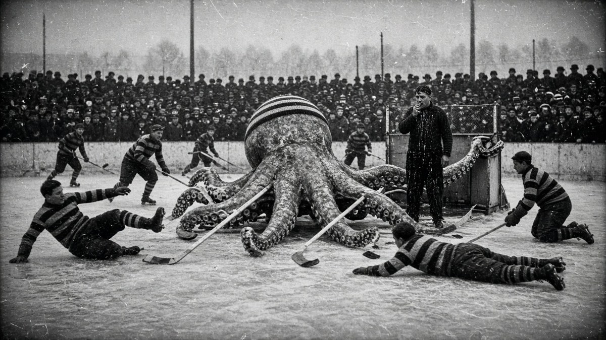 A giant octopus on a frozen rink gripping eight hockey sticks while players flee and an ink-soaked referee blows his whistle