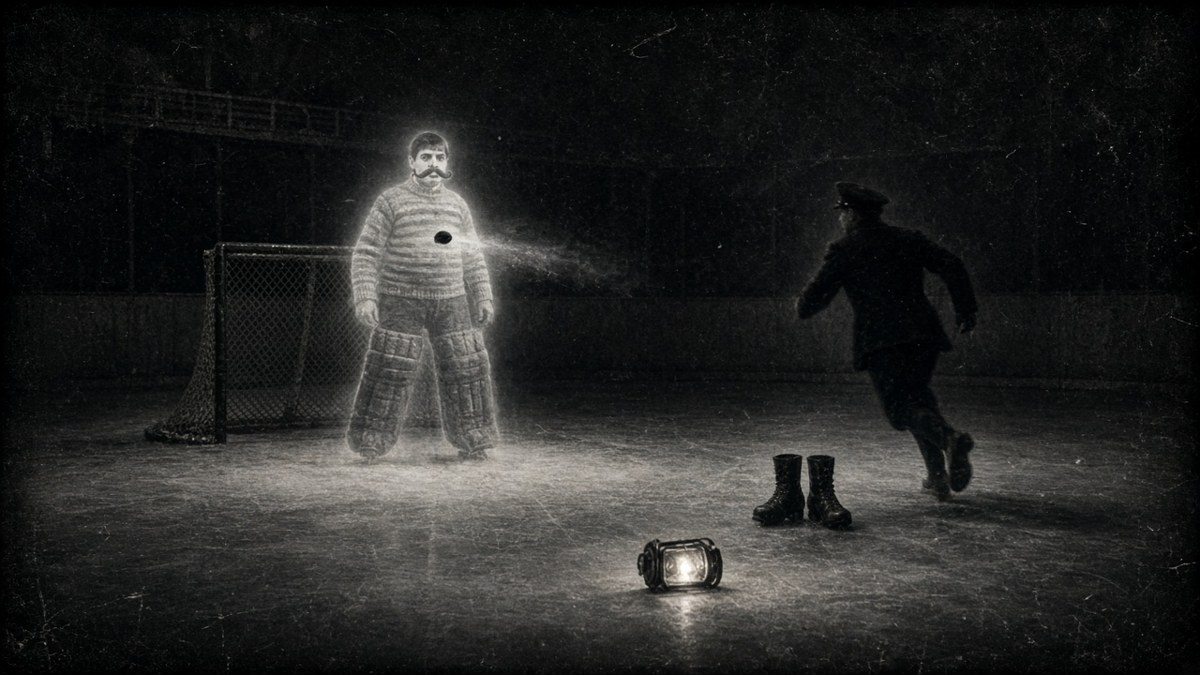 A pale, see-through goaltender in an old-fashioned sweater standing in a crease while a puck passes through his chest and a night watchman runs away