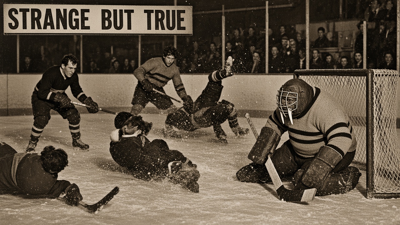 A walrus in a hockey sweater planted on the blue line with players arguing around it